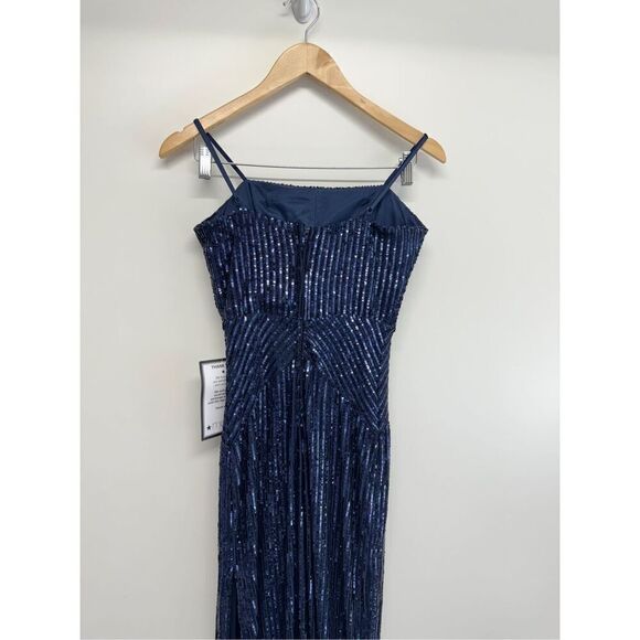 Emerald Sundae Sequined Gown Size Medium Dark Blue Adjustable Straps Side Slit - Picture 5 of 9